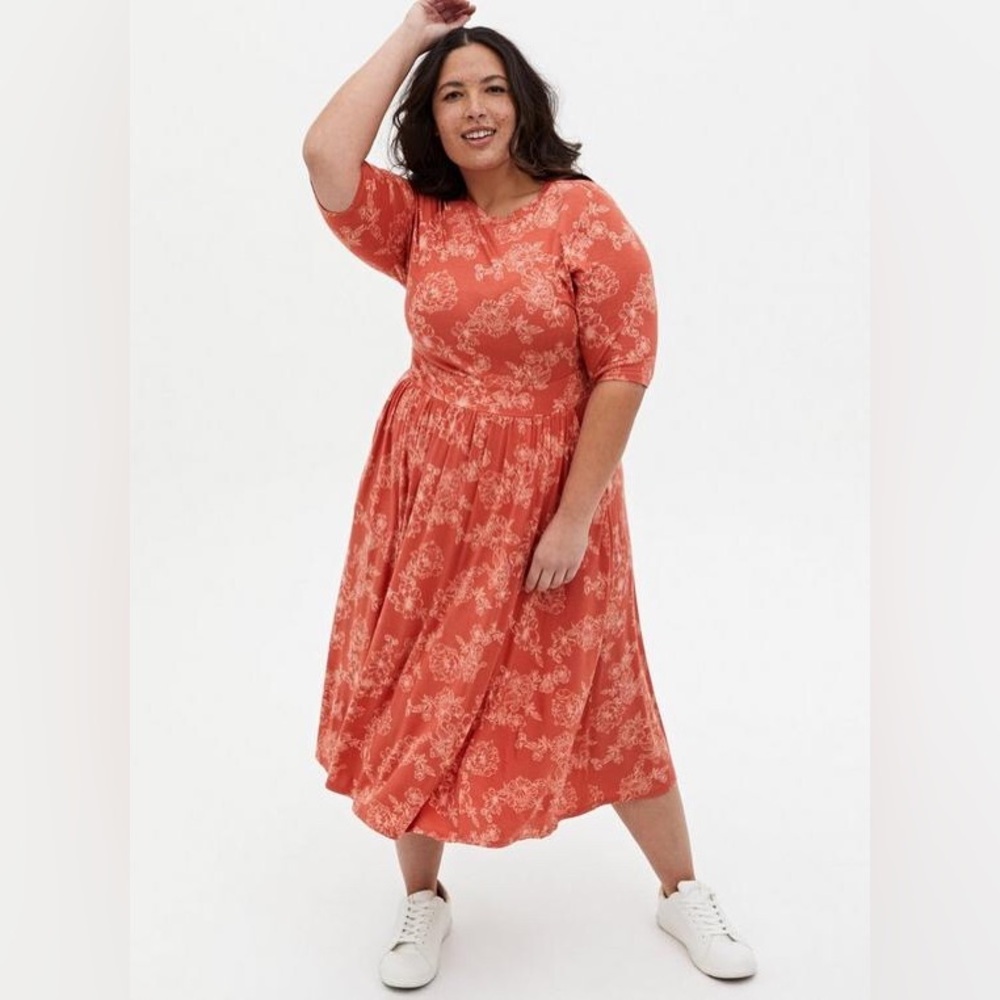 Torrid Super Soft Apricot Floral Skater Midi Dress